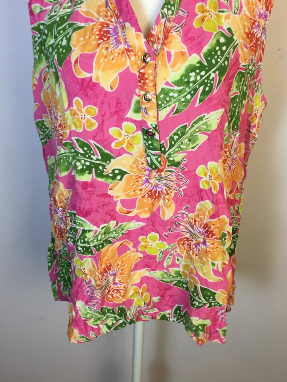 Caribbean Joe Shirt Blouse Size L Womans Pink Floral Sleeveless Hawaiian Beach - Picture 11 of 14